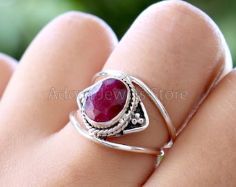 Indian Ruby Silver Ring, Indian Ruby 925 Sterling Silver Ring, Indian Ruby Handmade Jewelry, Boho Jewelry, Gemstone Jewelry, Gift for Her