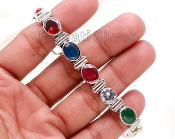 Navratan Bracelet, Solid 925 Silver Bracelet, Excellent Bracelet, Multicolor Navratna Gemstone Jewelry, Gift for her, Astrology Bracelet