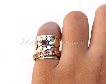 Indian Ruby Ring, Spinner Ring, Two Tone Ring, Indian Ruby Silver Ring, Indian Ruby 925 Sterling Silver Ring, Wide Band Silver Ring