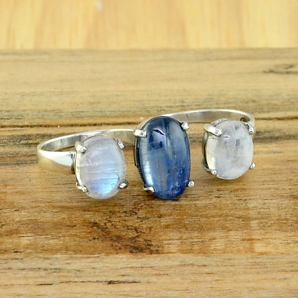 Two Finger Silver Ring, Kyanite and Rainbow Moonstone Two Finger 925 Sterling Silver Ring, Kyanite & Moonstone Handmade Silver Jewelry