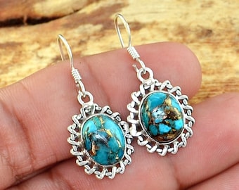 Blue Copper Turquoise 925 Sterling Silver Earring, Handmade Silver Earring, Bali Design Silver Jewelry, Boho Jewelry, Handmade Jewelry