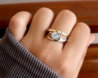 Two Tone Ring, Rainbow Moonstone Silver Ring, Moonstone 925 Sterling Silver Ring, Moonstone Handmade Silver Jewelry, Gemstone Jewelry