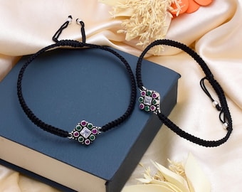 Very Beautiful 925 Sterling Silver Cut Stone Anklet, Multi Color Thread Anklet for Women, Ruby, Emerald, Zircon Stone Anklet Solid SILVER