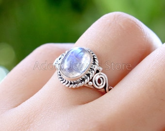 Rainbow Moonstone Ring, Sterling Silver Rings for Women, Boho 925 Sterling Silver with Big Stone, Birthstone Gemstone Ring Jewelry