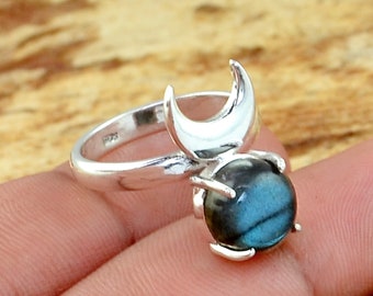 Crescent Moon Ring, Labradorite Silver Ring, 925 Sterling Silver Ring, Boho Jewelry, Handmade Silver Jewelry, Gift For Her, Gift For Women