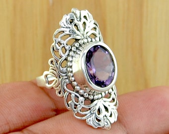Amethyst Silver Ring, Amethyst 925 Sterling Silver Ring, Amethyst Handmade Silver Jewelry, Gemstone Jewelry, Boho Jewelry, Gift for Her