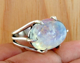 Rainbow Moonstone Silver Ring, Rainbow Moonstone 925 Sterling Silver Ring, Rainbow Moonstone Handmade Silver Jewelry, Gemstone Jewelry