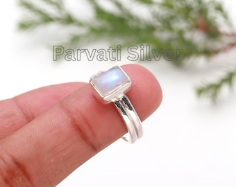 Natural Rainbow Moonstone Octagon Shaped Silver Ring, 925 Sterling Silver Ring, Handmade Ring, Dainty Silver Ring, Unique Boho Silver Rings