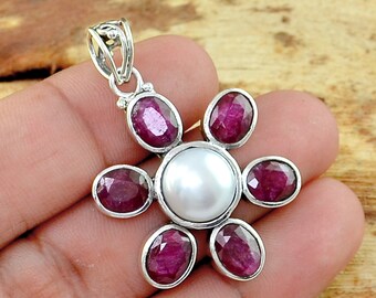 Pearl & Indian Ruby Silver Pendant, Pearl 925 Sterling Silver Pendant, Pearl Silver Jewelry, Boho Jewelry, Bali Design Pendant, Gift for Her