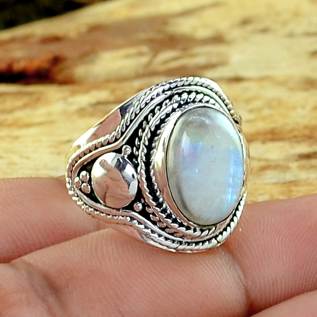 Koral Jewelry Round Moonstone Ring - 925 Sterling Silver, Delicate Boho Vintage Style, Size 8 - View #6