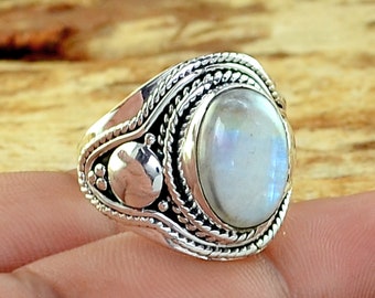 Rainbow Moonstone Silver Ring, Rainbow Moonstone 925 Sterling Silver Ring, Rainbow Moonstone Handmade Silver Jewelry, Gemstone Jewelry