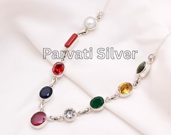 Navratan 925 Silver Necklace, Navratna 9 Gemstone Necklace, Traditional Indian Jewelry, Astrology Healing Necklace Beautiful Silver Necklace