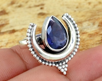 Crescent Moon Faceted Ring, Indian Sapphire Silver Ring,Sapphire 925 Sterling Silver Ring, Boho Handmade Silver Jewelry, Bali Design Ring