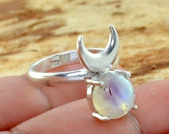 Rainbow Moonstone Silver Ring, Crescent Moon Ring Moonstone 925 Sterling Silver Ring, Boho Handmade Silver Jewelry, Bali Design Ring