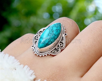 Turquoise Silver Ring, Turquoise 925 Sterling Silver Ring, Turquoise Handmade Silver Jewelry, Gemstone Jewelry, Boho Jewelry, Gift for Her