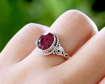 Indian Ruby Silver Ring, Indian Ruby 925 Sterling Silver Ring, Indian Ruby Handmade Jewelry, Boho Jewelry, Gemstone Jewelry, Gift for Her