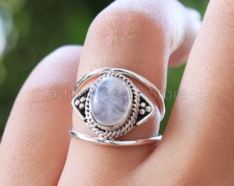 Rainbow Moonstone Ring, Sterling Silver Rings for Women, Boho 925 Sterling Silver with Big Stone, Birthstone Gemstone Ring Jewelry