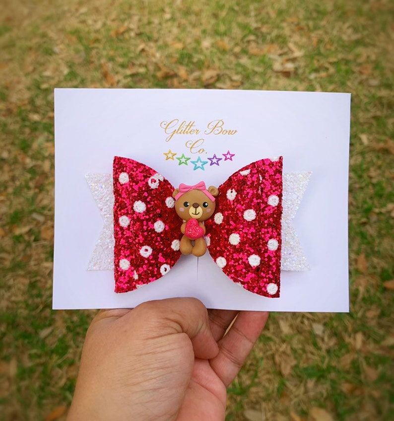 Valentine Bear Teddy Bear Bow Pink Polka Dot Bow VDay Gift Party Valentine/'s Day Bow Pink Dots