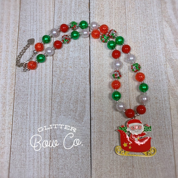 Christmas Themed Bubblegum Necklace - Santa and Sleigh Chunky Bead Necklace - Winter Photo Prop
