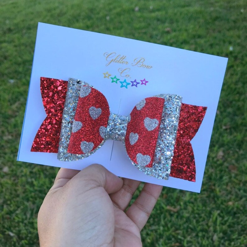 Party Silver Gift VDay Heart Bow Love Red Hearts, Hair Clip Valentine/'s Day Glitter Bow Birthday Bow VDay