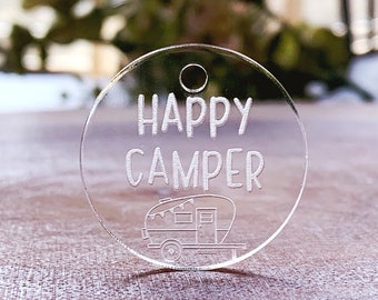 Funny Dog Tag, Happy Camper Engraved Cast Acrylic Dog Tag