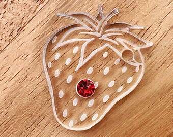 Strawberry Engraved Cast Acrylic Dog Tag with Swarovski Crystal, Dog Collar Charm
