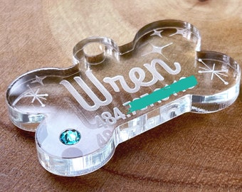 Retro Theme Dog Name Tag, Thick Acrylic Dog Bone ID Tag with Swarovski Crystal