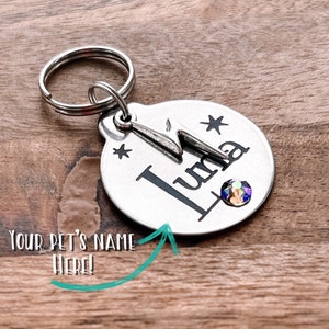 May include: A silver pet tag with the name "Luna" in black lettering, accented with star shapes and a colorful crystal. The tag includes a silver split ring for attachment. The text "YOUR PET'S NAME HERE!" is also visible.