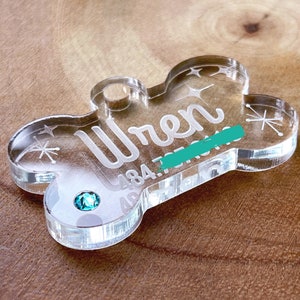 Retro Theme Dog Name Tag, Thick Acrylic Dog Bone ID Tag with Swarovski Crystal