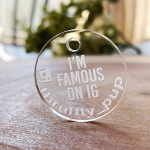 May include: Clear acrylic dog tag with the text "I'm Famous On IG" and an Instagram logo. The tag is engraved with the text "#ruffy_pup".