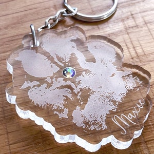 Personalized Paw Print Engraved Cast Acrylic Keychain with Swarovski Crystal, Memorial Pet Gift