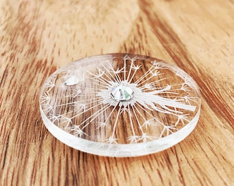 Dandelion Engraved Cast Acrylic Dog Tag with Swarovski Crystal, Collar Charm