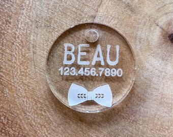 Funny Dog Tag, Bow Tie ID  Engraved Cast Acrylic Dog Tag