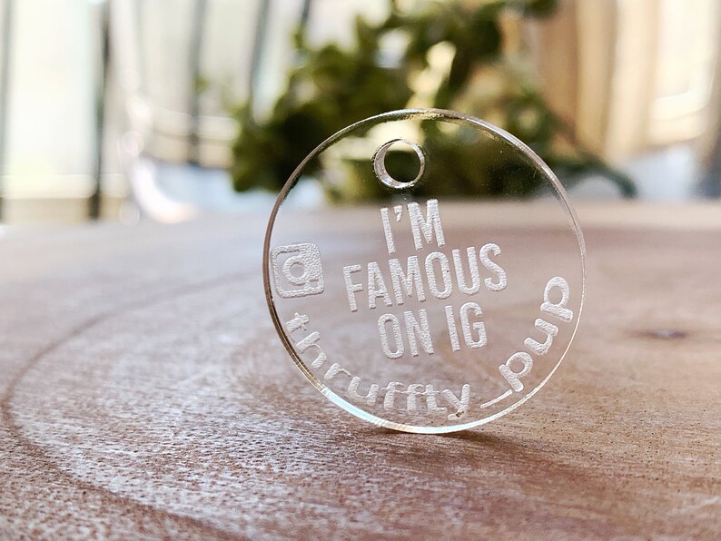 May include: Clear acrylic dog tag with the text "I'm Famous On IG" and an Instagram logo. The tag is engraved with the text "#ruffy_pup".