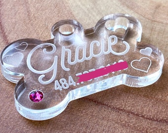 Heart Theme Dog Name Tag, Thick Acrylic Dog Bone ID Tag with Swarovski Crystal