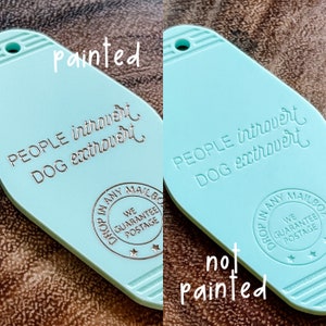 May include: A light mint green motel-style keychain with a hole at the top. The text reads PEOPLE introvert DOG extrovert and includes a circular stamp design that says DROP IN ANY MAILBOX WE GUARANTEE POSTAGE. One version has silver-filled text.