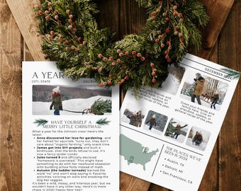 Minimalistyczny szablon biuletynu rodzinnego ze zdjęciami, edytowalny i drukowany coroczny przegląd świąt, aktualizacja noworoczna, alternatywa dla kartki świątecznej