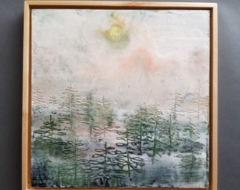 Encaustic painting mountain landscape sun mist pine trees pastel pink art