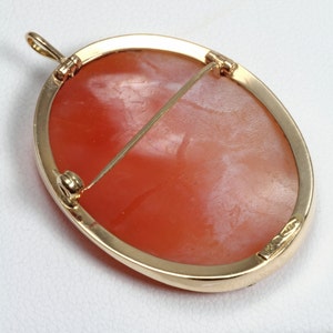 May include: A cameo pendant with a gold setting. The cameo is a light pink color and has a detailed carving. The pendant has a pin back.