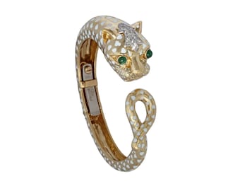 David Webb Panther bangle bracelet 18kt gold, platinum, diamonds, emeralds, and enamel with custom earrings