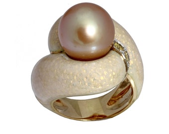 18 karat yellow gold golden cultured pearl and yellow diamond ring with enamel