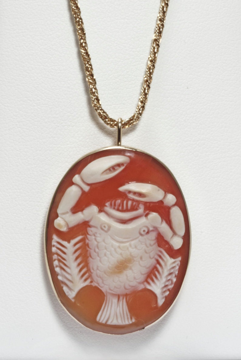 May include: A gold chain necklace with a cameo pendant featuring a carved white shell design of a crab on a red background.