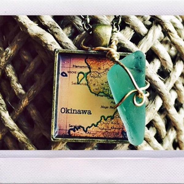 Okinawa Pendant Necklace with Charm, vintage, maps