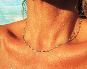 turquoise Dainty gold choker necklace for women in a minimalist boho style, handmade jewelry custom necklace personalized gift for her.