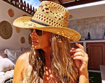 Handgemachte Stroh Sonnenhüte, Boho Cowboyhüte für Frauen, Boho Beach Festival Hut, Sommer Hut, Boho Cowgirl Hüte für Frauen