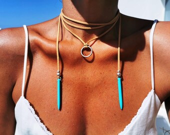 Leather Choker turquoise Necklace pendant silver beaded   • Bohemian Handmade Jewelry