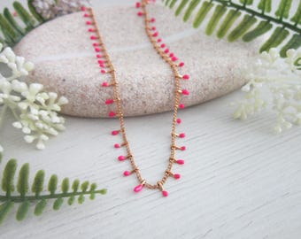 pink simple gold necklace, dainty choker, minimalist chain bohemian jewelry