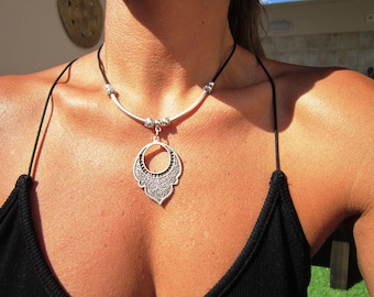 HANDMADE JEWELRY statement silver necklace for women, layer necklace set, beaded boho necklace , charm choker necklace, boho jewelry