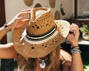 Bohemian beach festival hat with tassel, summer Hat, handmade straw sun hats,  Boho cowboy hats for women, boho cowgirl hats for women