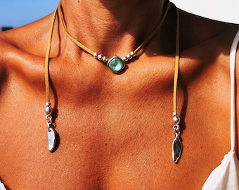 Leather Choker turquoise Necklace pendant silver beaded   • Bohemian Handmade Jewelry